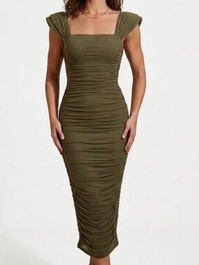 Olive Green Ruched Bodycon Dress ladies size M prom wedding party, comfy 1118